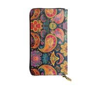 Colorful retro flowers Long leather wallet, portable credit card holder, zippered coin purse, and ID compartment