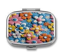Colorful Retro Flowers Pill Box 2-Compartment Portable Pill Case Square Metal Medication Organizer Small Weekly Medication Case with Mirror Stylish Vitamin Holder for Purse Pocket Travel