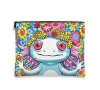 Colorful Retro Makeup Pouch, Cute Axolotl Floral Cosmetic Bag for Women, Portable Small Zipper Organizer, Spring Travel Toiletry Bag, Blue, 7x9 Inch, Pouch