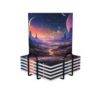 Colorful Retro Space Theme Coasters Set of 6 Ceramic Coaster with Holder Absorbent Coasters for Drinks Heat Resistant Coffee Table Coasters Cup Pad for Kitchen Office Home Decoration