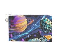 Colorful Retro Space Theme Coin Purse Coin Pouch with Zipper for Men Women Portable Change Wallet Canvas Coin Bag