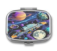 Colorful Retro Space Theme Pill Case Travel Portable Pocket Pill Box 2 Compartment Medicine Case Large Capacity Daily Pill Cases Vitamin Organizer Medicine Organizer Small Pill Box