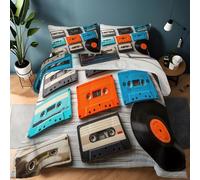 colorful Reversible Printed Comforter, All-Season Retro Cassette Tapes Vinyl Records Patterned Down Alternative Duvet Insert, Luxury Gentle Soft Quilted Bedding with Anti-Clump Tech, 220×240 cm