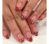 Colorful Rhinestones Star Crystal Red French Tip Short Oval Press On Nails | Multi-color playful accent design, reusable glossy acrylic, holiday party wear, 24pcs diy kit with jelly glue nail file stick