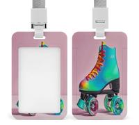 Colorful Roller Skates Badge Holder Waterproof Plastic ID Card Badge Holders with Lanyard Vertical Card Case Protector Pouch Clear Window Work Badges for Women Men