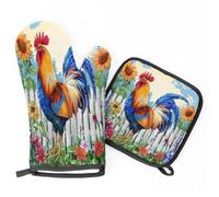 Colorful Rooster Sunflowers Oven Mitts & Pot Holders BBQ Gloves, Heat Resistant Kitchen Oven Gloves Hot Pads for Cooking Baking Grilling