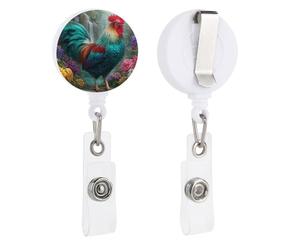 Colorful Rooster with Flowers Waterfalls Retractable Badge Holder Reel Clip ID Card Holder for Doctor Nurse Student Office Worker