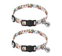 Colorful Roosters Floral White Decorative Pet Collar with Bell 2 Pack Kitten Collars Adjustable Length 10.6" to 17.1"