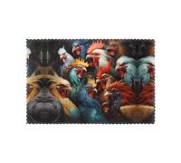 Colorful Roosters Standing Together Patterned Placemats Set of 6, Restaurant Kitchen Protectors, 12 * 18 Inch Hotel Banquet Decorative Table Mats