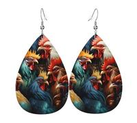Colorful Roosters Standing Together Teardrop Leather Earrings, Women'S Accessories, Versatile Earrings Suitable For Commuting And Travel.