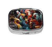 Colorful Roosters Standing Together Travel Pill Organizer. 2-Compartment Pill Box, Portable Mini Pill Box, Vitamin Medicine Storage Box