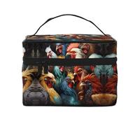colorful roosters standing together Women's Large Capacity Makeup Bag, Portable Travel Makeup Bag, (9x6.5x6.2 inches) Girls Large Makeup Bag Storage Bag
