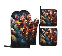 Colorful Roosters Standing togetherA 4-Piece Kitchen mitt and potholder Set Printed Oven Mitts and Barbecue Party Gloves are Kitchen Essentials