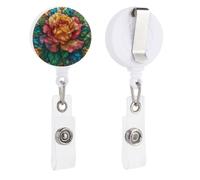 Colorful Rose Flower Stained Glass Retractable Badge Holder Reel Clip ID Card Holder for Doctor Nurse Student Office Worker
