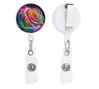 Colorful Rose with Water Retractable Badge Reel - Personalized ID Name Badge Holder with Lanyard Cute Badges Reel Holder Round Nurse Doctor Name Tag Badges Clip for Work