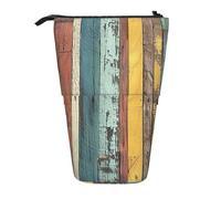 Colorful Rustic Wooden Standing Pencil Case Vintage Board Pen Pouch Holder Telescopic Pencil Bag Pop Up Cosmetics Bag Stationery Organizer for School Office Travel