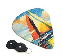 Colorful Sail Boat Guitar Picks 6 Pcs, 0.71mm Thickness Celluloid Plectrum with Leather Picks Holder, Personalized Guitar Pick for Bass Electric Acoustic Guitars Lovers Gift