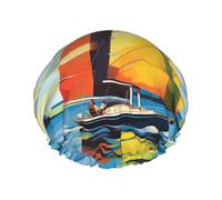 Colorful Sail Boat Shower Cap for Women Double Layers Thick Hair Caps Reusable Waterproof Bath Caps with Elastic Band Hair Hat Washable Shower Hat for Men Women Spa Salon