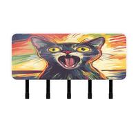 Colorful Screaming Cat Illustration Key Holder Wall Mount with Mail Organizer & 5 Self-Adhesive Hanging Wall Hook for Kitchen Decor Living Room Doorway