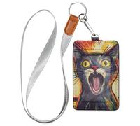 Colorful Screaming Cat Illustration Leather Cute Badge Holder with Lanyard and 3-Card Capacity id Holders for Office Shcool Hospital & Driver Licence