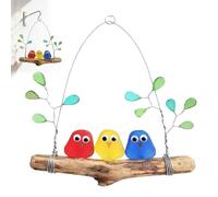 Colorful Sea Glass Bird Perch, Handmade Seaglass Rainbow Birdes Wall Art, Sea Glass Birds on Branch for Coastal Home Window Decor Driftwood Hanging Gift (3 Birds)