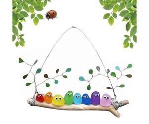 Colorful Sea Glass Bird Perch, Handmade Seaglass Rainbow Birds Wall Art on Branch Driftwood, Unique Gift for Bird Lovers, Beach House Decor, Indoor Outdoor Hanging Art (8 Birds)