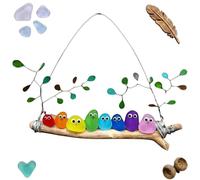 Colorful Sea Glass Bird Perch, Handmade Seaglass Rainbow Birds Wall Art on Driftwood Branch, Coastal Beach Home Decor, Unique Gift Idea for Nature Lovers, Mom (Acrylic Eight Birds)