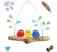 Colorful Sea Glass Bird Perch, Handmade Seaglass Rainbow Birds Wall Art on Driftwood Branch, Coastal Beach Home Decor, Unique Gift Idea for Nature Lovers, Mom (Acrylic Three Birds)