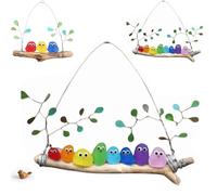 Colorful Sea Glass Bird Perch, Handmade Seaglass Rainbow Birds Wall Art on Driftwood, Coastal Home Decor for Balcony, Garden, Indoor Window, Gift for Nature Lovers (8 Birds)
