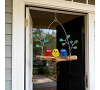 Colorful Sea Glass Bird Perch, Handmade Seaglass Rainbow Birds Wall Art - Seaglass Birds On A Branch, Window Hanging Ornaments for Balcony Garden Home Decor, Coastal Ocean Decor (3Birds)