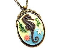 Colorful Sea Horse & Shells Cameo Pendant on Bronze Chain Necklace, Bronze Alloy Metal, Resin, resin