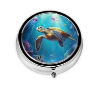 Colorful Sea Turtle Jellyfish Round Pill Box with 3 Compartments, Mini Metal Pill Organizer for Purse or Pocket, Lightweight Portable for Daily Use Gifts Travel