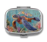 Colorful Sea Turtle on Old Wooden Pill Box 2 Compartment Portable Medicine Pill Case Travel Pill Organizer for Pocket Purse