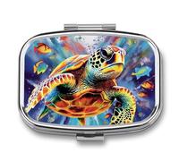 Colorful Sea Turtle Pill Box 2 Compartments Portable Travel Pill Case Mini Medicine Organizer for Pocket Purse Metal Waterproof Medicine Container Holder Vitamin Fish Oil