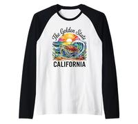 Colorful Sea Turtle Riding Wave Sunset Art California Ocean Raglan Baseball Tee