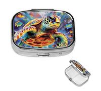 Colorful Sea Turtle Square Metal Pill Box 2 Compartment Cute Travel Pill Organizer Case Portable Medicine Vitamin Organizer Pill Case for Women Men Travel Unique Gift