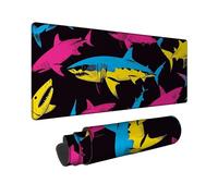Colorful Shark Large Gaming Mouse Pad, Bright Peach Yellow Blue Sharks Stitched Edge Mousepad, Rubber Non-Slip Washable Gaming Mouse Pad for Home and Office Computer, Laptop 16x36 Inch