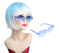 Colorful Short Bob Wig with Flat Bangs - Synthetic Rainbow Cosplay Wig and Sunglasses for Women Adults Carnival Party Favors