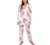 Colorful Shrimp Soft Pyjamas For Women Two-piece Long Sleeve Button Down Loungewear Sets With Pockets L