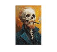 Colorful Skeleton Smoking Canvas Wall Art Oil Style Skull Poster with Red Beard for Bar Lounge Man Cave Studio Bold Gothic Alternative Pop Decor Print Gift 16x24inch(40x60cm) Unframed