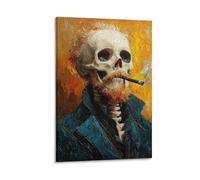 Colorful Skeleton Smoking Canvas Wall Art Oil Style Skull Poster with Red Beard for Bar Lounge Man Cave Studio Bold Gothic Alternative Pop Decor Print Gift 12x18inch(30x45cm) Framed
