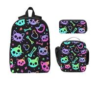Colorful Skull Cat Backpack Set for Girls Boys with Lunch Bag Pencil Case Skeleton Kitten 3 Pieces School Bags Insulated Lunchbox Gifts for Women Men
