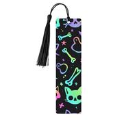 Colorful Skull Cat Bookmark Skeleton Kitten Wooden Bookmark with Tassel Book Mark for Women Men Reading Page Markers Gifts for Book Lovers
