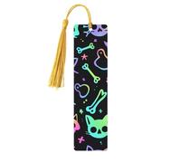 Colorful Skull Cat Bookmark Skeleton Kitten Wooden Bookmark with Tassel Book Mark for Women Men Reading Page Markers Gifts for Book Lovers