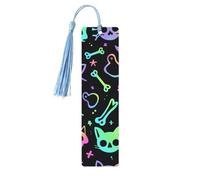 Colorful Skull Cat Bookmark Skeleton Kitten Wooden Bookmark with Tassel Book Mark for Women Men Reading Page Markers Gifts for Book Lovers