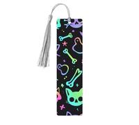 Colorful Skull Cat Bookmark Skeleton Kitten Wooden Bookmark with Tassel Book Mark for Women Men Reading Page Markers Gifts for Book Lovers