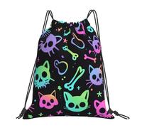 Colorful Skull Cat Skeleton Kitten Men Women Drawstring Bag Portable Drawstring Backpack Adjustable String Backpack For Football Beach Holidays