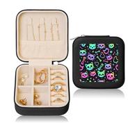 Colorful Skull Cat Small Jewellery Box Skeleton kitten PU Leather Travel Jewellery Organizer for Women Girls Storage Case for Rings Earrings Necklaces Bracelets