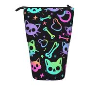 Colorful Skull Cat Standing Pencil Case Skeleton Kitten Pen Pouch Holder Telescopic Pencil Bag Pop Up Cosmetics Bag Stationery Organizer for School Office Travel