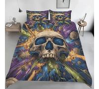 Colorful Skull Duvet Cover Double Size, Gothic Skeleton Print Bedding Set, Soft Microfiber Psychedelic Art Comforter Cover with 2 Pillowcases, with Zipper Closure & Corner Ties L125b